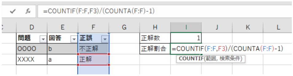 =COUNTIF(F:F,F3)/(COUNTA(F:F)-1)と入力