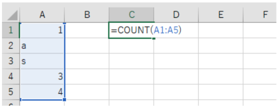 A1～A5のセル範囲に含まれる値の数をカウント